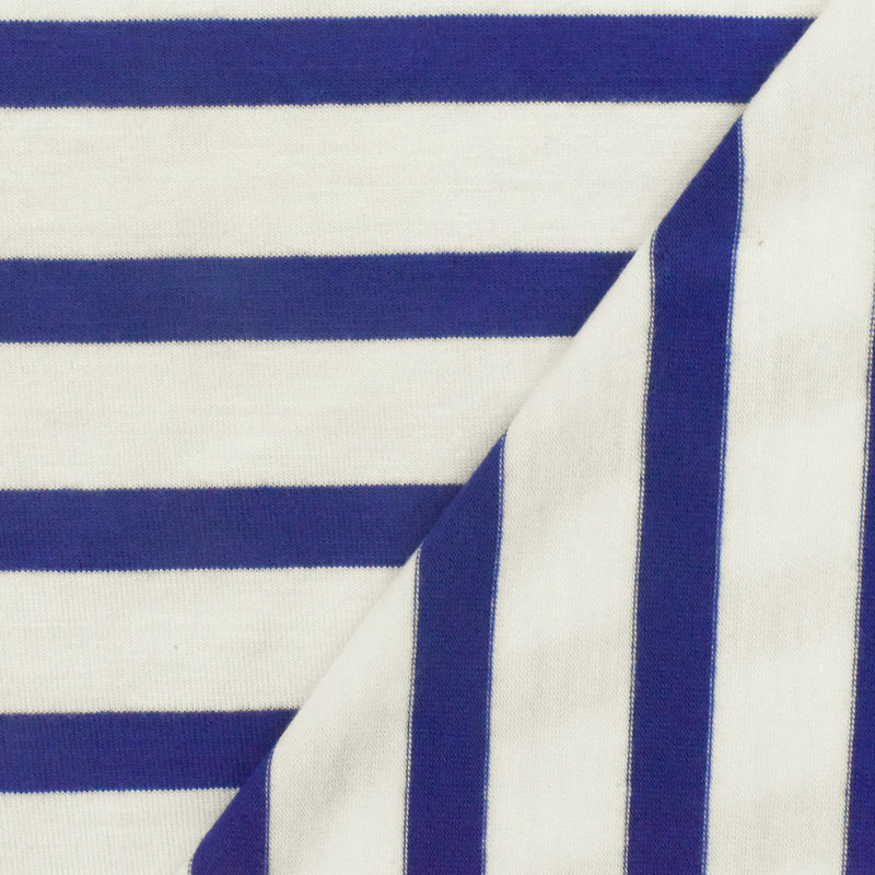 Blue-Ivory Stripe Stretch Spandex Rayon Modal Jersey Knit Fabric