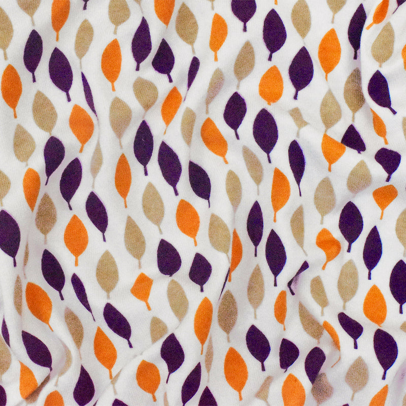 White-Purple-Multi Leaf Printed Stretch Spandex Cotton Jersey Knit Fabric