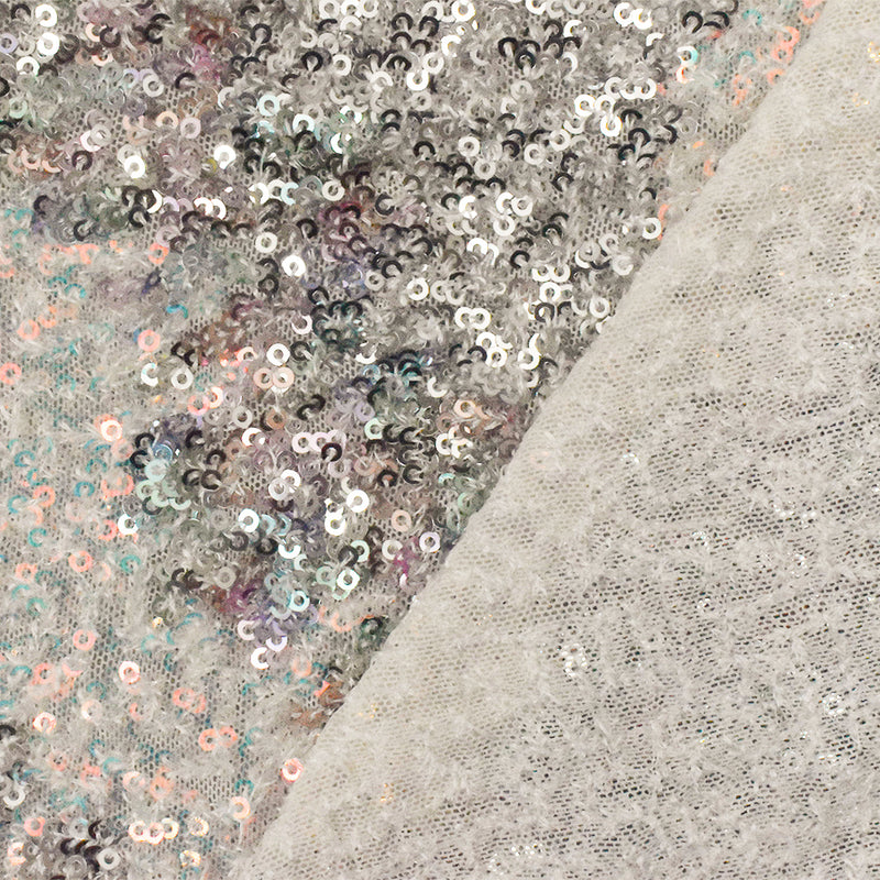 Silver-Iridescent-Multi Stylized Chevron Sequin Poly Mesh Knit Fabric