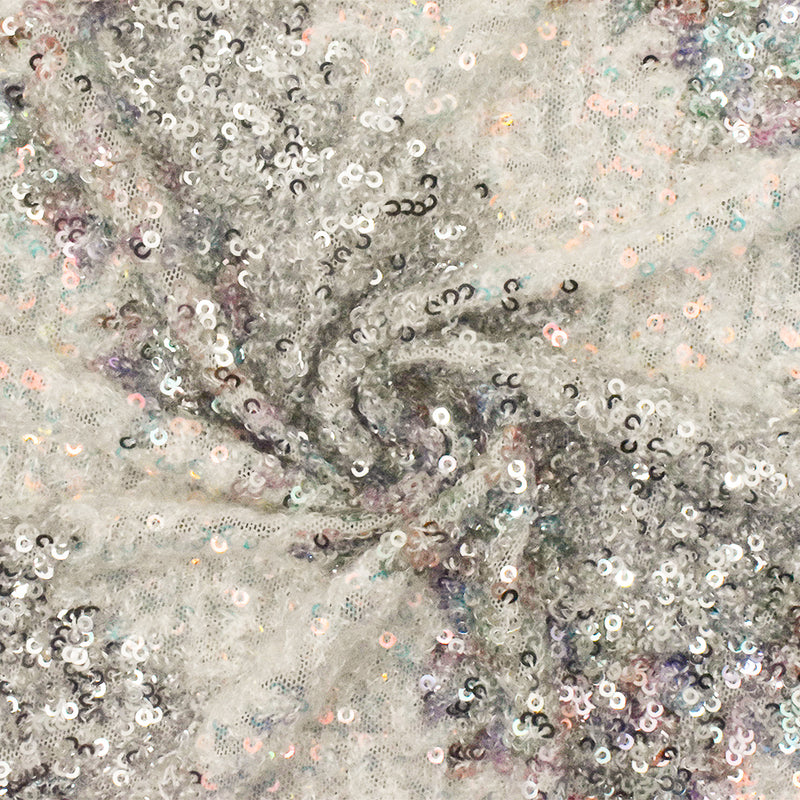 Silver-Iridescent-Multi Stylized Chevron Sequin Poly Mesh Knit Fabric