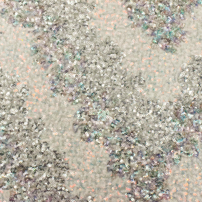 Silver-Iridescent-Multi Stylized Chevron Sequin Poly Mesh Knit Fabric