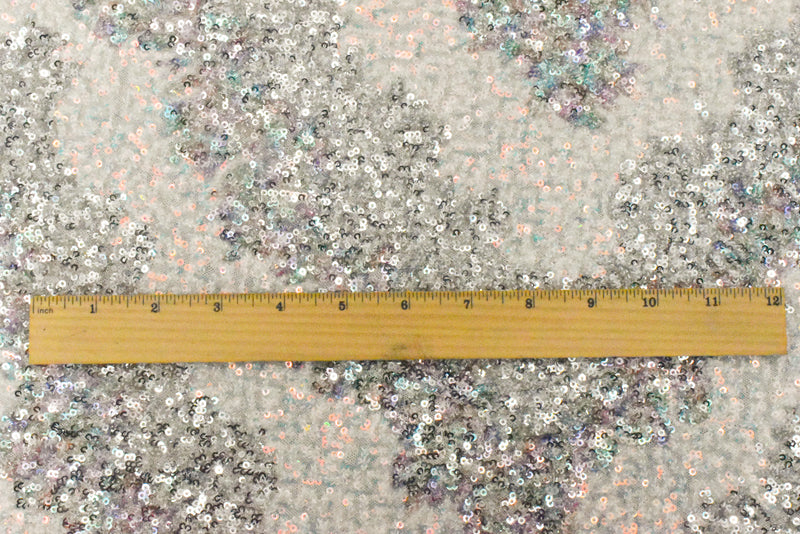 Silver-Iridescent-Multi Stylized Chevron Sequin Poly Mesh Knit Fabric