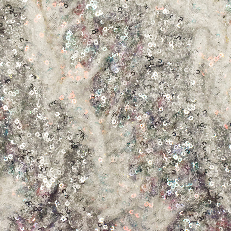 Silver-Iridescent-Multi Stylized Chevron Sequin Poly Mesh Knit Fabric