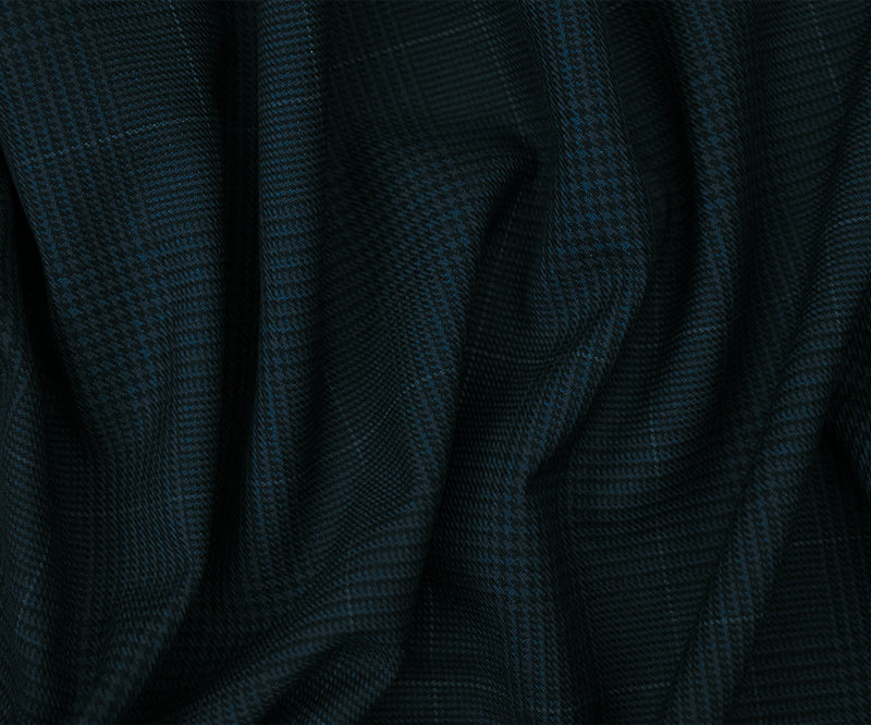 Black-Deep Teal-Multi Wool Polyester Glen Plaid Check Twill Suiting Fabric