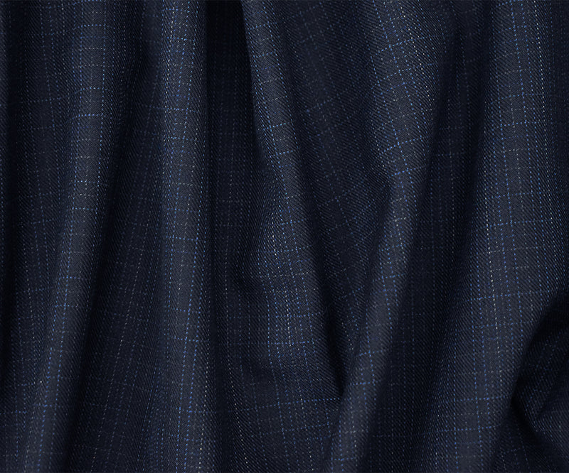 Deep Navy-Gray Polyester Wool Blend Check Plaid Twill Suiting Fabric