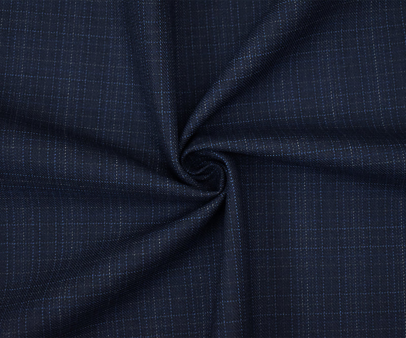 Deep Navy-Gray Polyester Wool Blend Check Plaid Twill Suiting Fabric