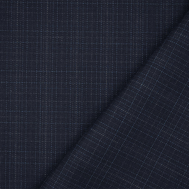 Deep Navy-Gray Polyester Wool Blend Check Plaid Twill Suiting Fabric