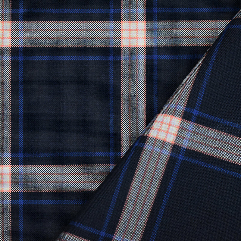 Deep Navy-Orange-Multi Polyester Wool Plaid Shirting Woven Fabric