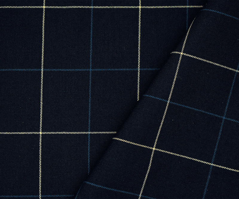 Navy-Blue-Ivory Polyester-Wool Check Woven Shirting Fabric