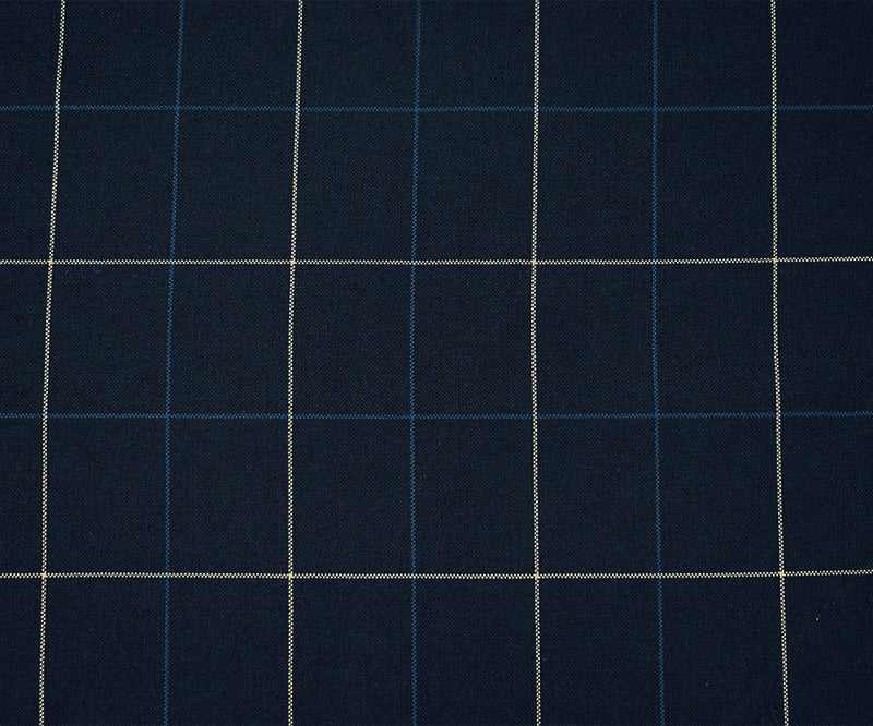 Navy-Blue-Ivory Polyester-Wool Check Woven Shirting Fabric