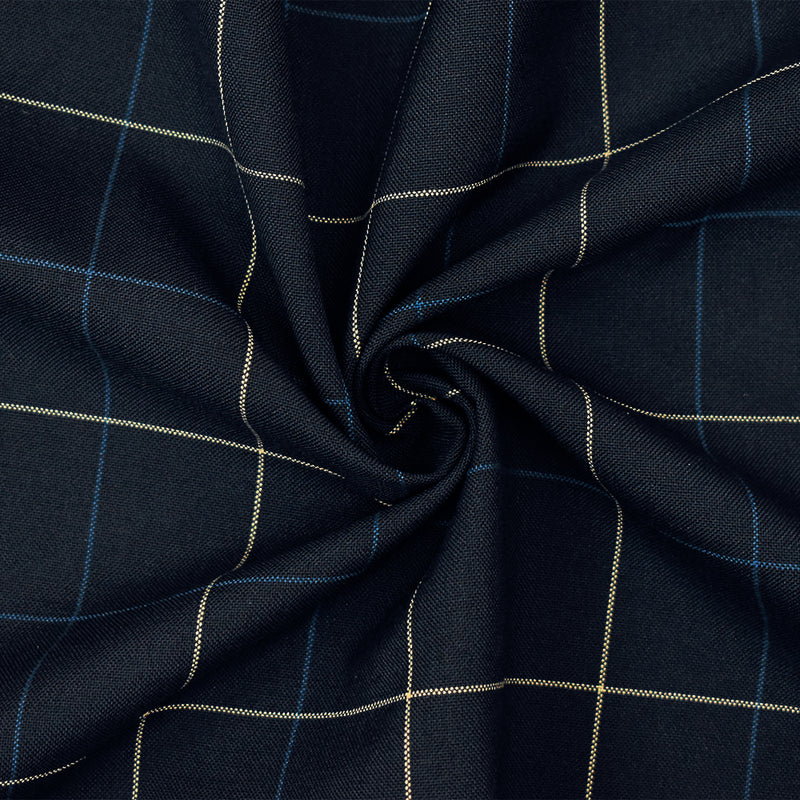 Navy-Blue-Ivory Polyester-Wool Check Woven Shirting Fabric