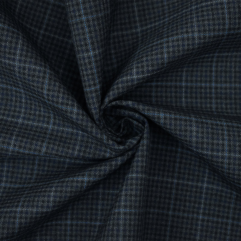 Gray-Black-Blue Poly-Wool Gingham Plaid Woven Shirting Fabric