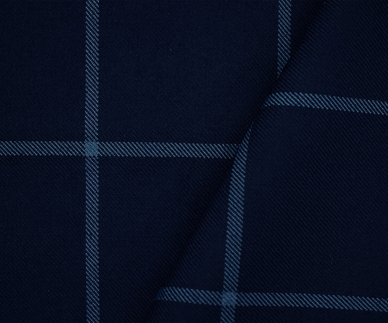 Navy-Light Blue Wool Polyester Check Twill Woven Suiting Fabric