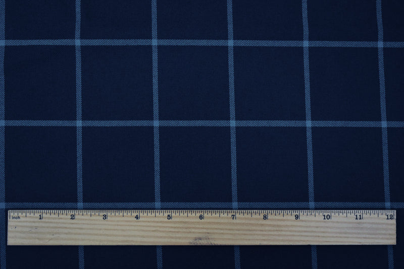 Navy-Light Blue Wool Polyester Check Twill Woven Suiting Fabric