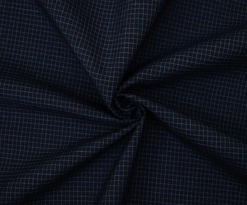 Navy-Blue-Gray Wool Poly Grid Check Woven Shirting Fabric