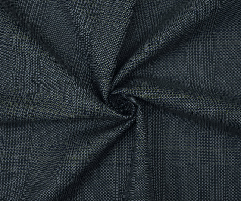 Blue-Gray-Black Wool Polyester Glen Plaid Woven Suiting Fabric