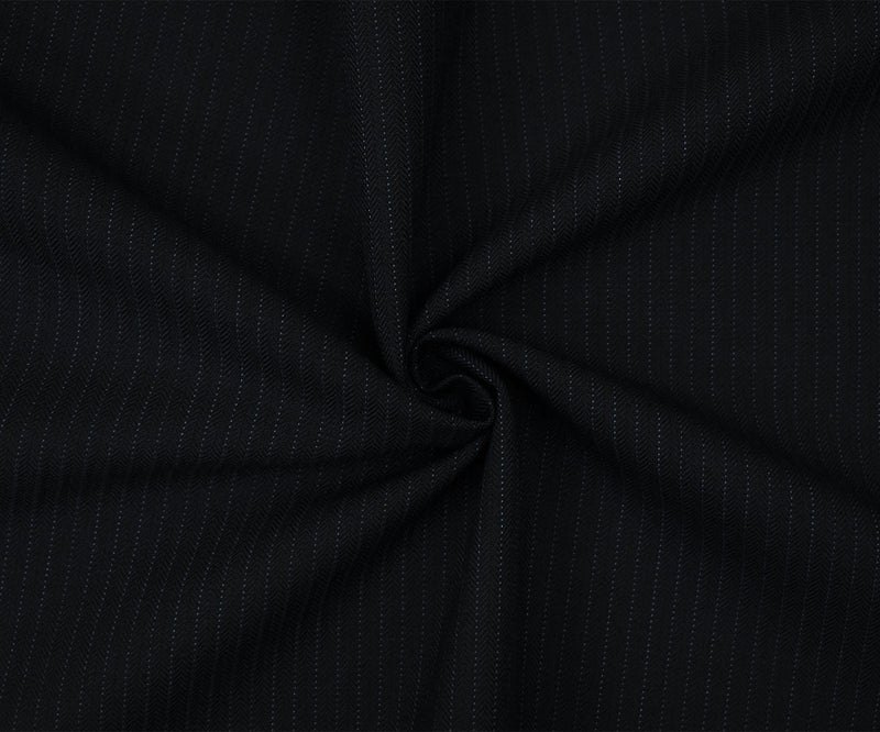 4 YD PC-Black-Deep Blue Cotton-Wool Blend Striped Herringbone Suiting Fabric
