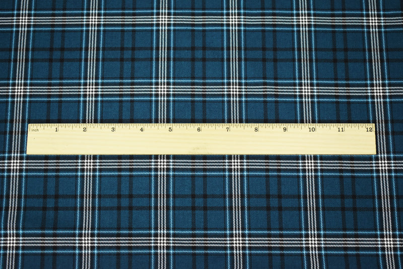 Blue-Black-White Polyester Wool Blend Plaid Twill Suiting Fabric