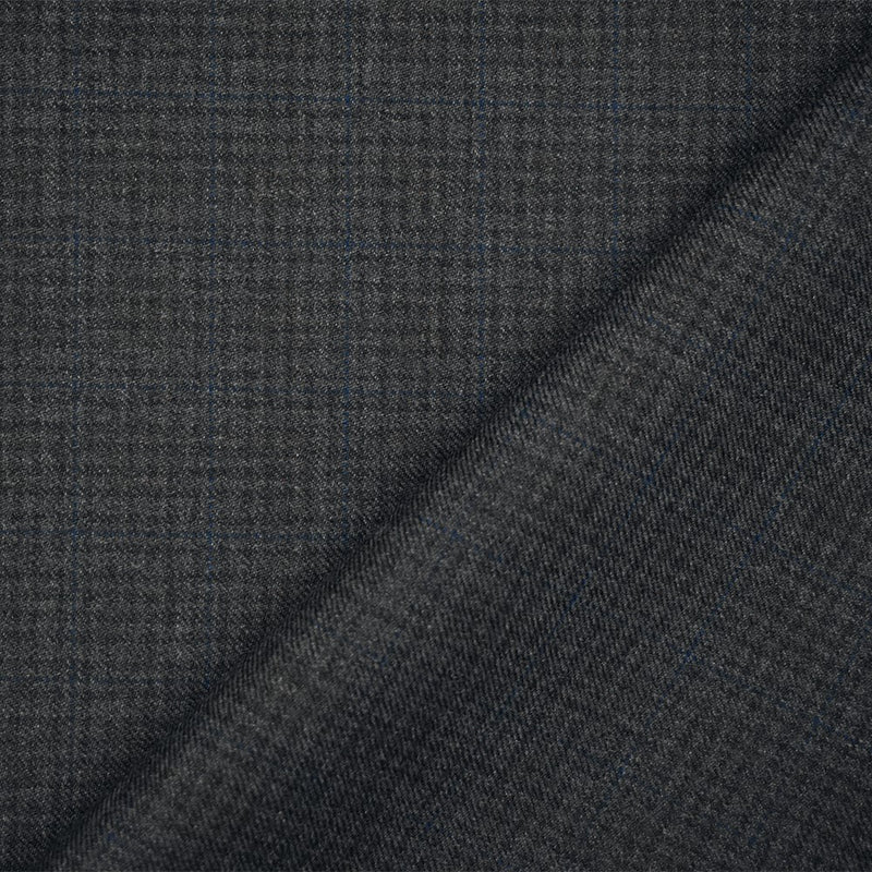 Gray-Black-Blue Wool Polyester Check Twill Plaid Suiting Woven Fabric