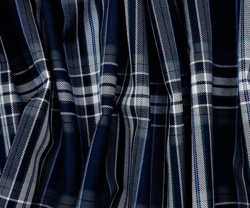 Dark Navy Blue-White-Multi Poly-Wool Plaid Twill Suiting Woven Fabric