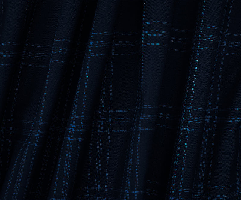 Deep Navy-Blue Poly-Wool Plaid Woven Shirting Fabric