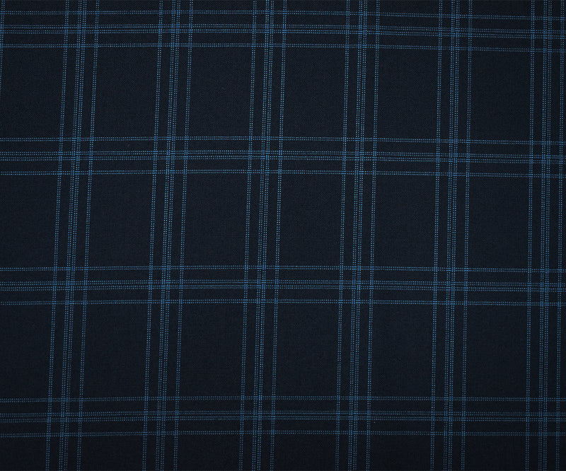 Deep Navy-Blue Poly-Wool Plaid Woven Shirting Fabric