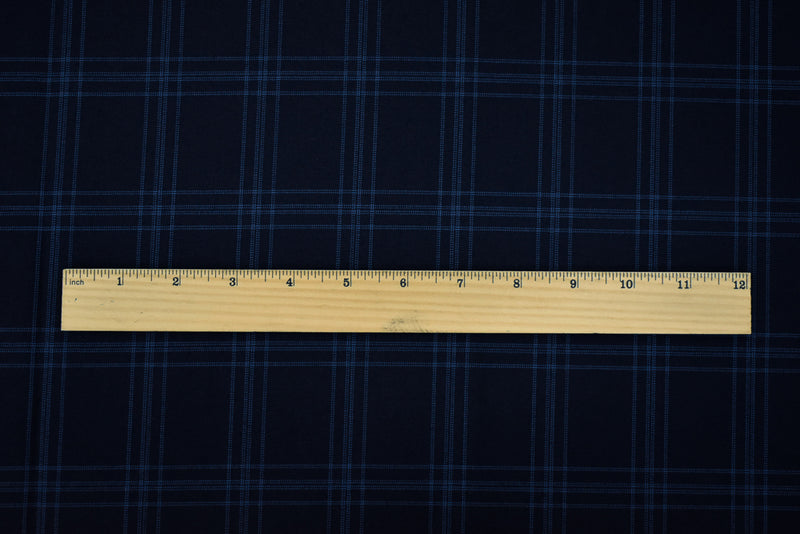 Deep Navy-Blue Poly-Wool Plaid Woven Shirting Fabric