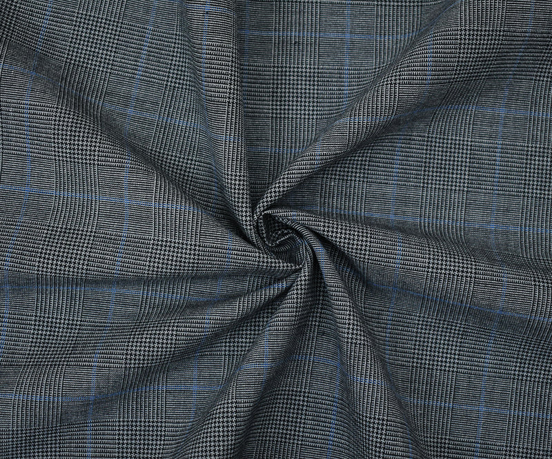 Black-Gray-Blue Wool Polyester Glen Plaid Check Shirting Woven Fabric