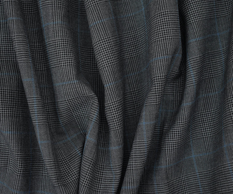 Black-Gray-Blue Wool Polyester Glen Plaid Check Shirting Woven Fabric