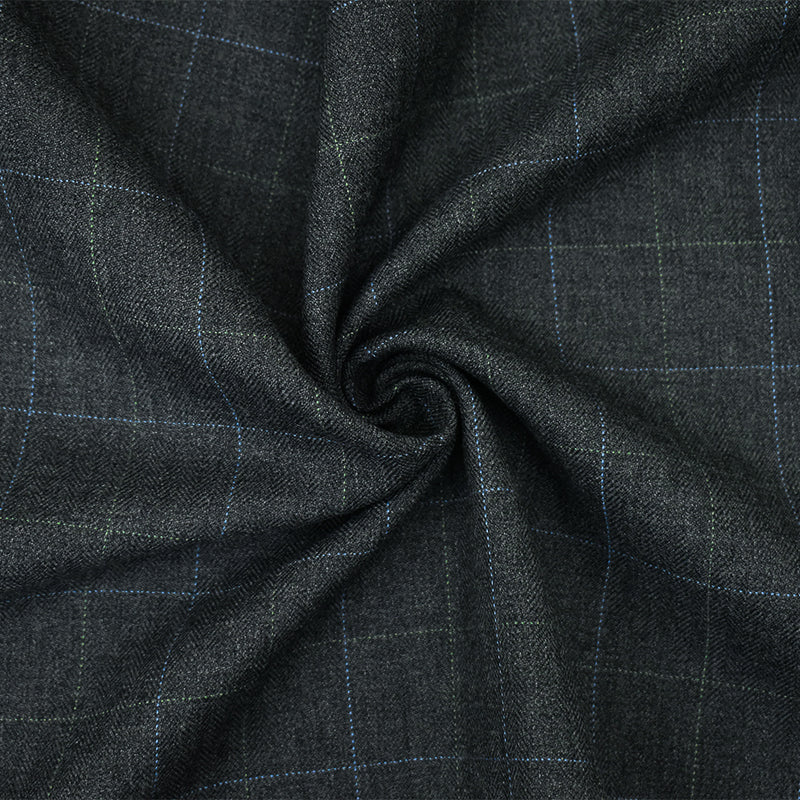 Gray-Blue-Green Poly Wool Check Herringbone Suiting Woven Fabric