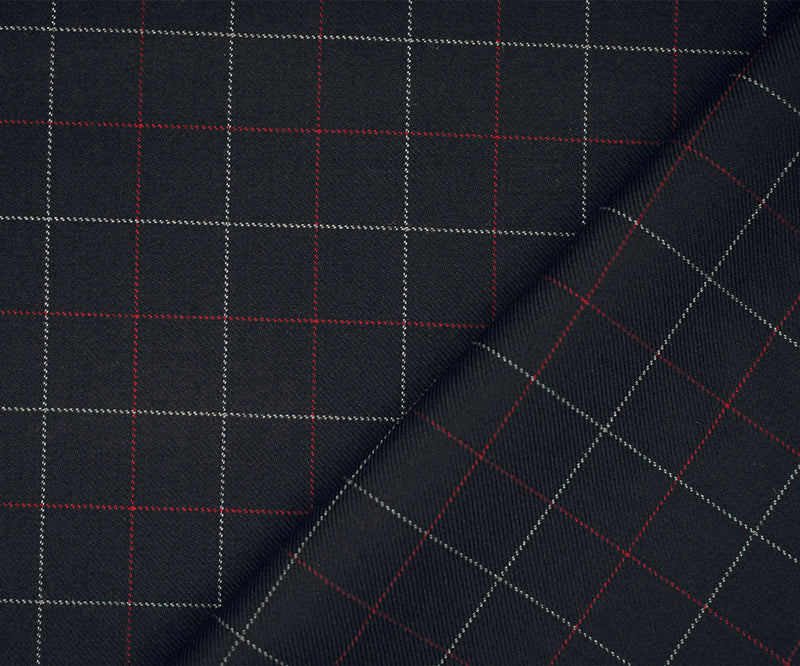 Black-Red-Gray Wool Polyester Check Twill Suiting Woven Fabric