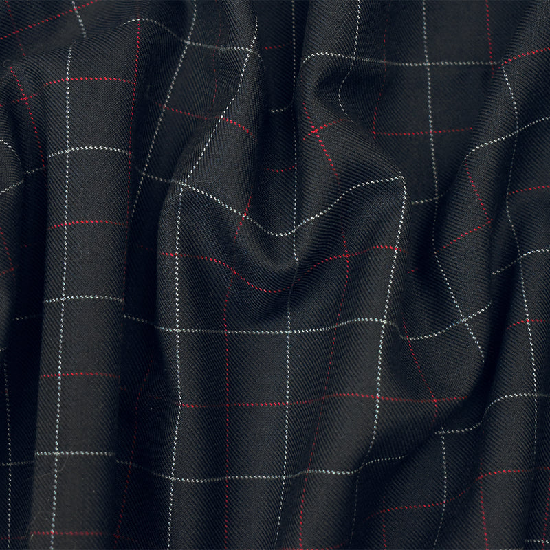 Black-Red-Gray Wool Polyester Check Twill Suiting Woven Fabric