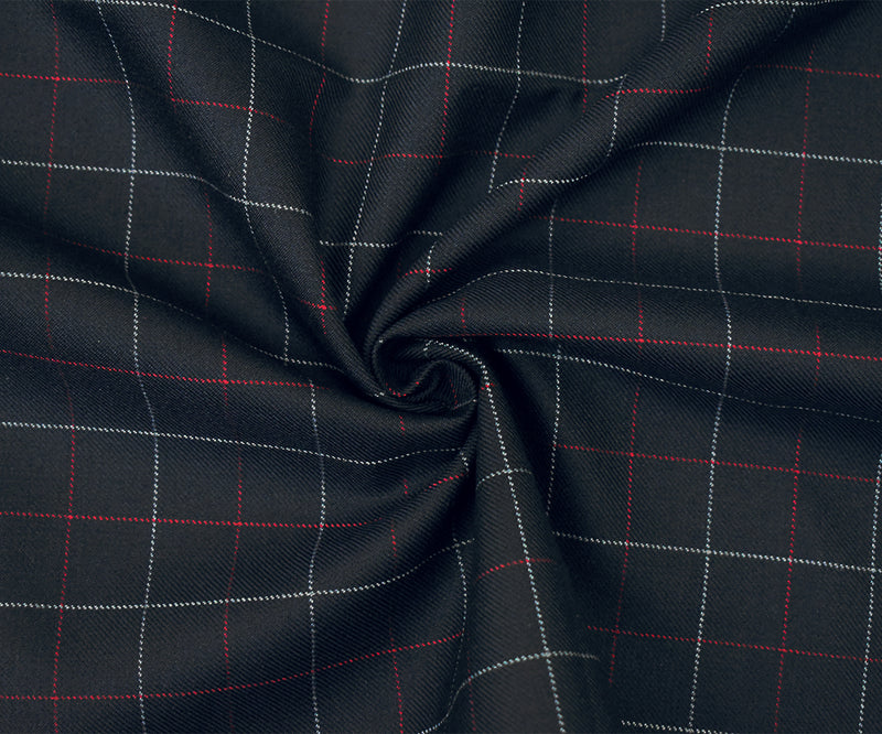 Black-Red-Gray Wool Polyester Check Twill Suiting Woven Fabric