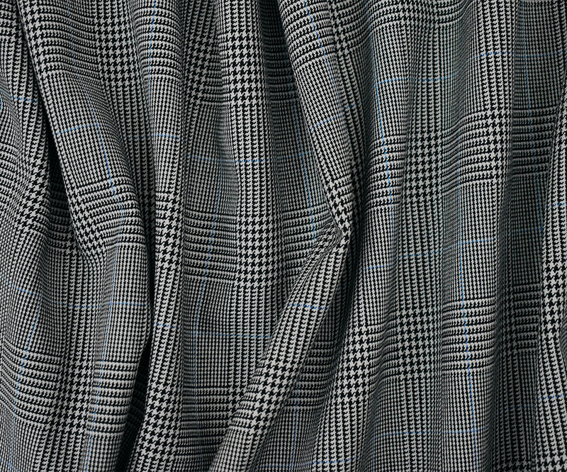 Black-Light Gray-Blue Poly Wool Blend Glen Plaid Check Suiting Woven Fabric
