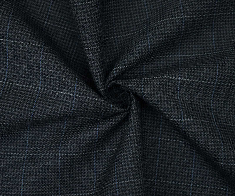 Deep Navy-Gray Wool-Polyester Check Houndstooth Suiting Twill Woven Fabric