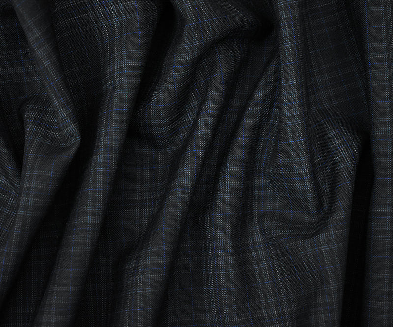 Black-Gray-Blue Wool Polyester Plaid Woven Shirting Fabric