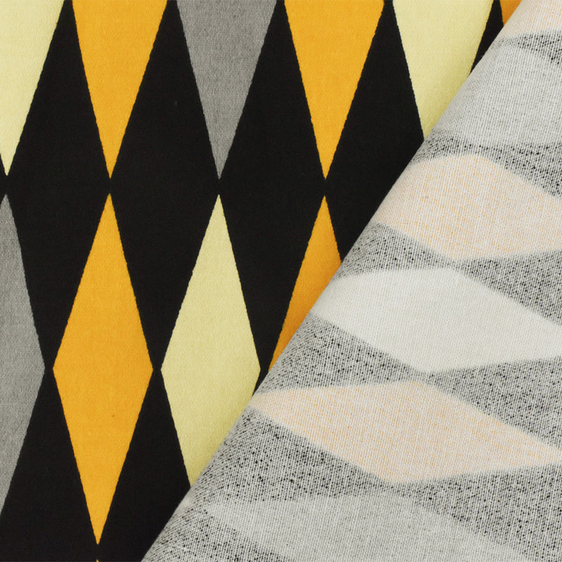 Yellow-Black-Multi Diamond Print Stretch Cotton Spandex Twill Sateen Fabric