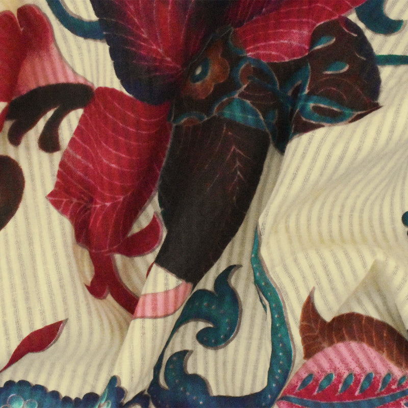 Beige-Brown-Multi Floral Printed Cotton Striped Leno Woven Fabric