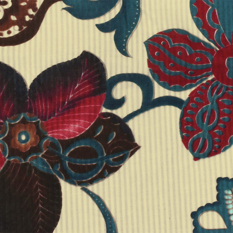 Beige-Brown-Multi Floral Printed Cotton Striped Leno Woven Fabric