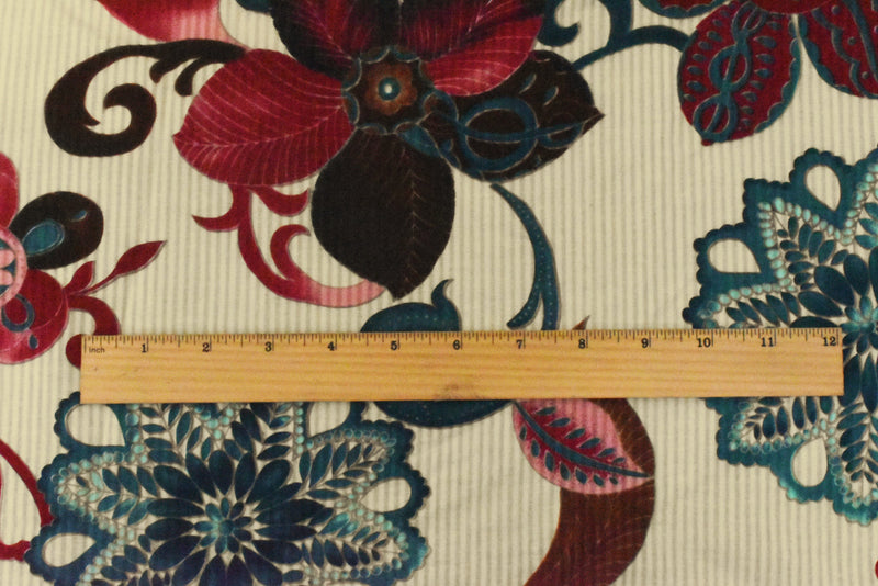 Beige-Brown-Multi Floral Printed Cotton Striped Leno Woven Fabric