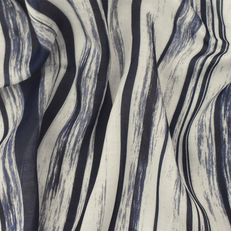 Navy-White Famous Maker Rayon Painterly Stripe Printed Lawn Fabric