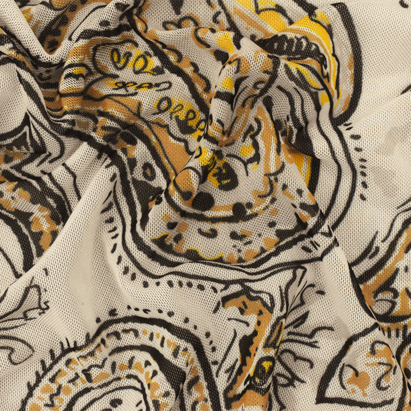Yellow-Black-Beige Famous Designer Poly Stretch Paisley Printed Mesh Fabric