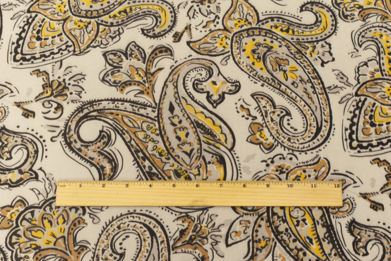Yellow-Black-Beige Famous Designer Poly Stretch Paisley Printed Mesh Fabric