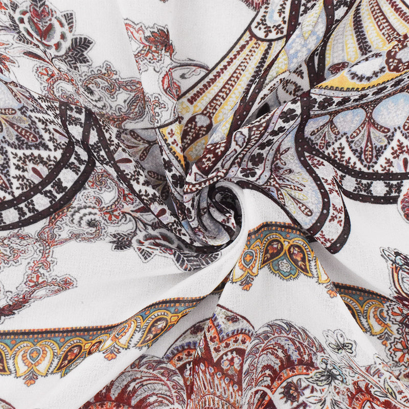 Red-Multi Famous Designer Viscose Paisley Border Printed Chiffon Fabric