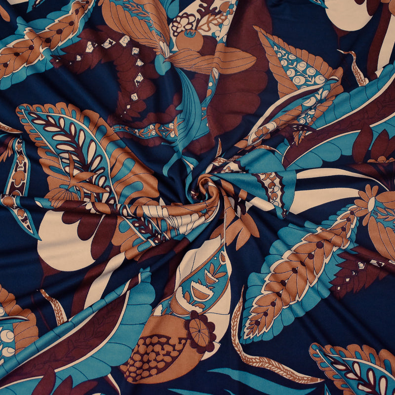 Brown-Teal-Multi Leaves Pattern Printed Stretch Silk Jersey Knit Fabric