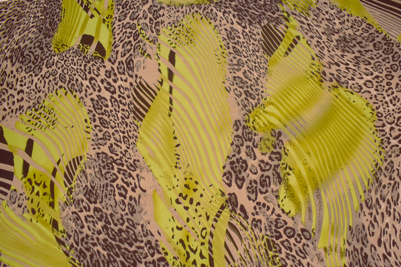 Beige-Yellow-Multi Cheetah Stripes Printed Stretch Silk Jersey Knit Fabric
