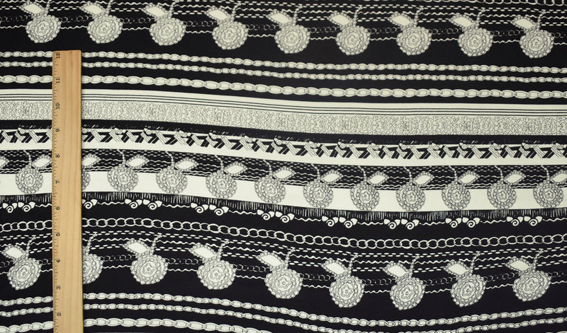 Black-Off White Striped Abstract Chain Floral Print Silk Jersey Knit Fabric