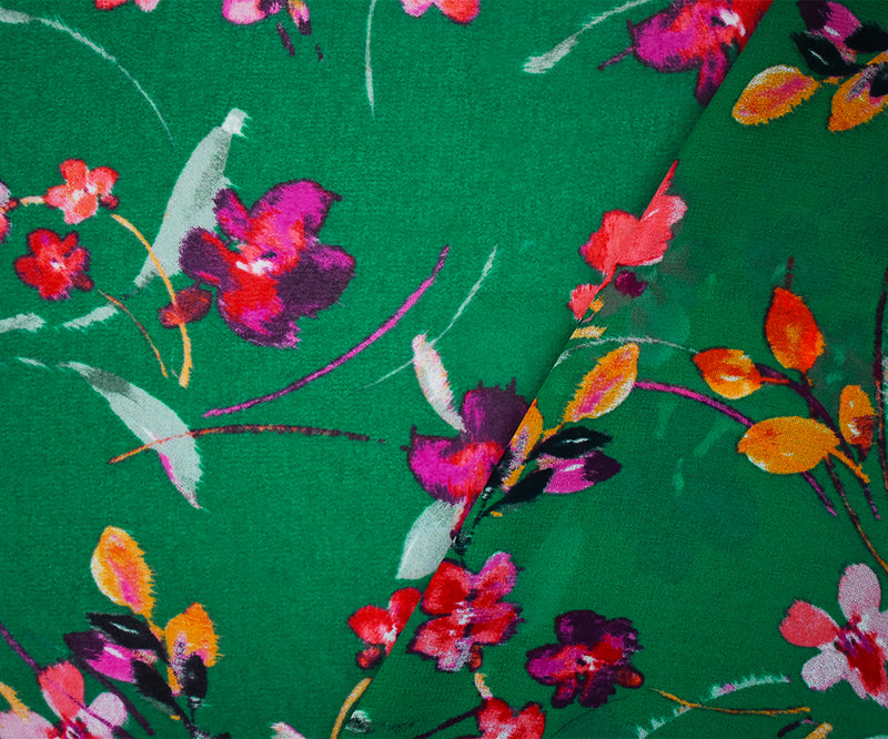 Green-Pink-Multi Floral Printed Pebble Chiffon Woven Fabric