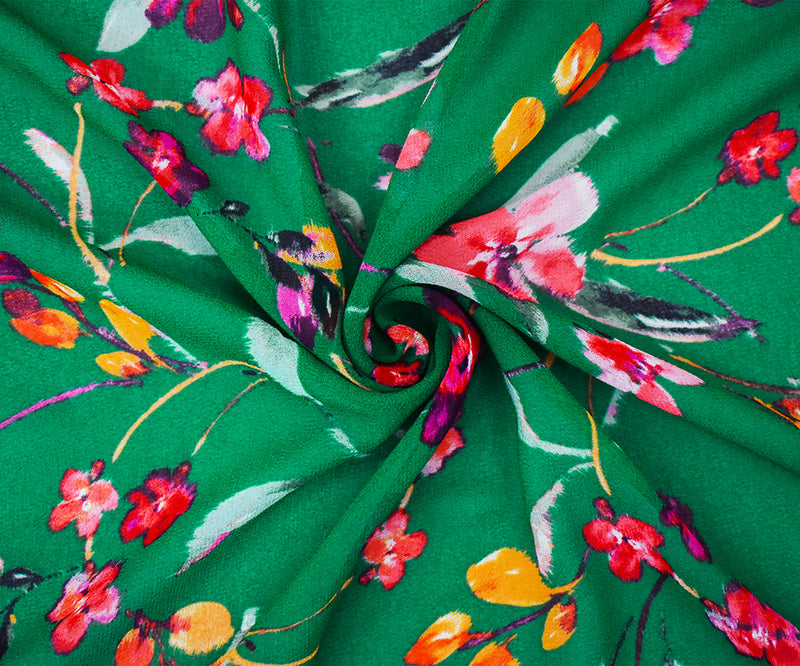 Green-Pink-Multi Floral Printed Pebble Chiffon Woven Fabric