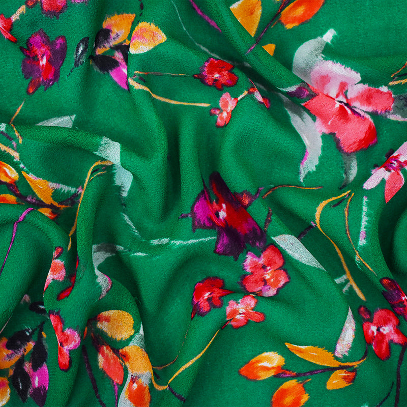Green-Pink-Multi Floral Printed Pebble Chiffon Woven Fabric